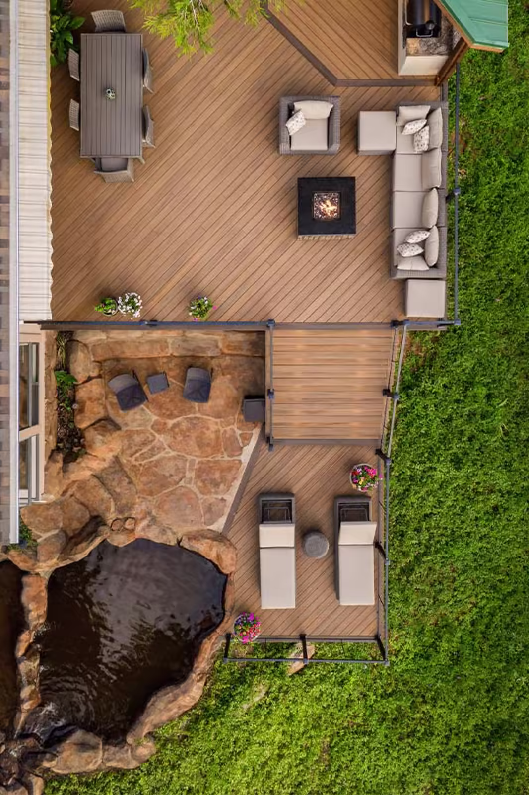 Aerial view of a multi-level composite deck with landscaping